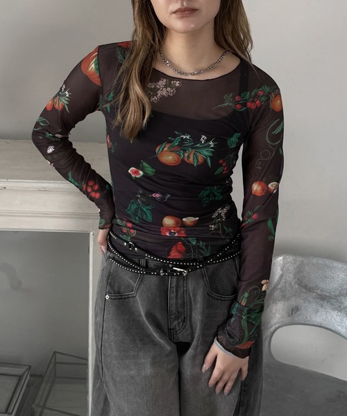 jiasecond.(ジアセカンド)の「【jiasecond.】ボタニカル柄シアートップス / トップス シアー インナー レイヤード ブラック ZOZOTOWN限定(Tシャツ/カットソー・レディース・ブラック・FREE)」の3枚目の写真