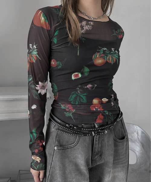 jiasecond.(ジアセカンド)の「【jiasecond.】ボタニカル柄シアートップス / トップス シアー インナー レイヤード ブラック ZOZOTOWN限定(Tシャツ/カットソー・レディース・ブラック・FREE)」の8枚目の写真