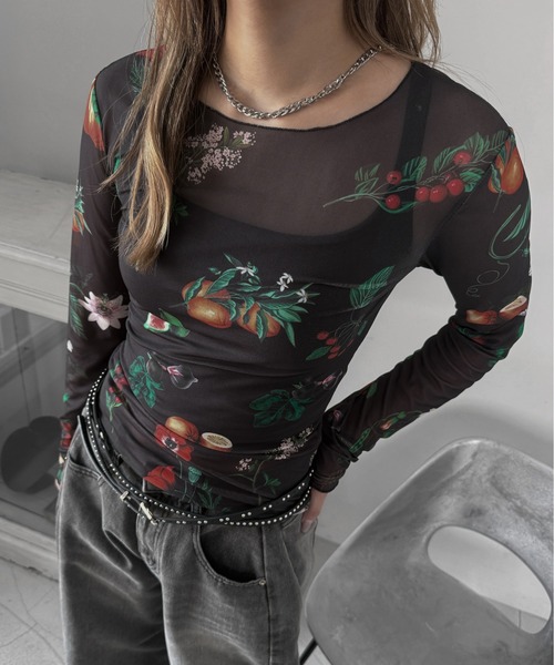 jiasecond.(ジアセカンド)の「【jiasecond.】ボタニカル柄シアートップス / トップス シアー インナー レイヤード ブラック ZOZOTOWN限定(Tシャツ/カットソー・レディース・ブラック・FREE)」の7枚目の写真