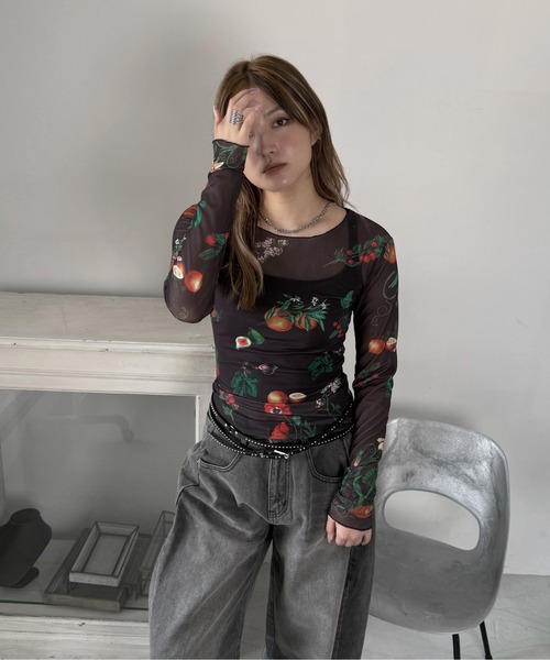 jiasecond.(ジアセカンド)の「【jiasecond.】ボタニカル柄シアートップス / トップス シアー インナー レイヤード ブラック ZOZOTOWN限定(Tシャツ/カットソー・レディース・ブラック・FREE)」の10枚目の写真