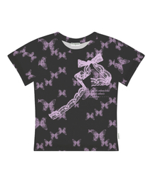 アンノウンリボン バタフライフルプリントスリムフィット半袖Tシャツチャコール