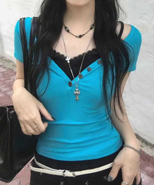 VIVID LADY(ビビッドレディー)の「ヘンリーネック リブ半袖トップス(Tシャツ/カットソー・レディース・グレー/ブルー/アイボリー・FREE)」の1枚目の写真