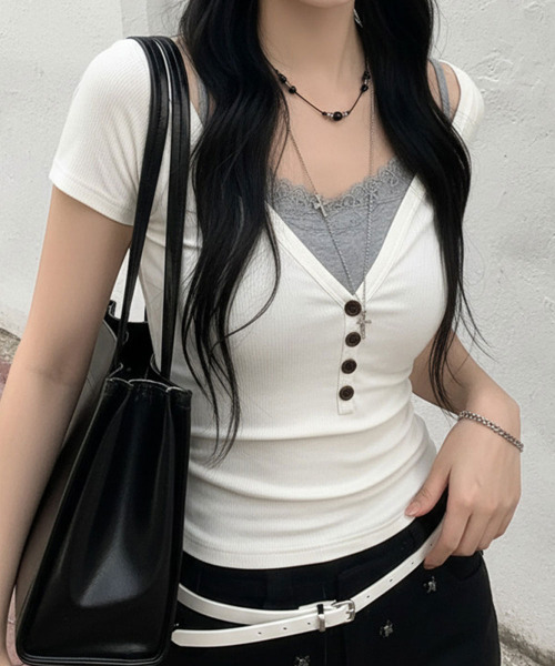 VIVID LADY(ビビッドレディー)の「ヘンリーネック リブ半袖トップス(Tシャツ/カットソー・レディース・グレー/ブルー/アイボリー・FREE)」の2枚目の写真