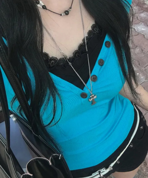 VIVID LADY(ビビッドレディー)の「ヘンリーネック リブ半袖トップス(Tシャツ/カットソー・レディース・グレー/ブルー/アイボリー・FREE)」の6枚目の写真