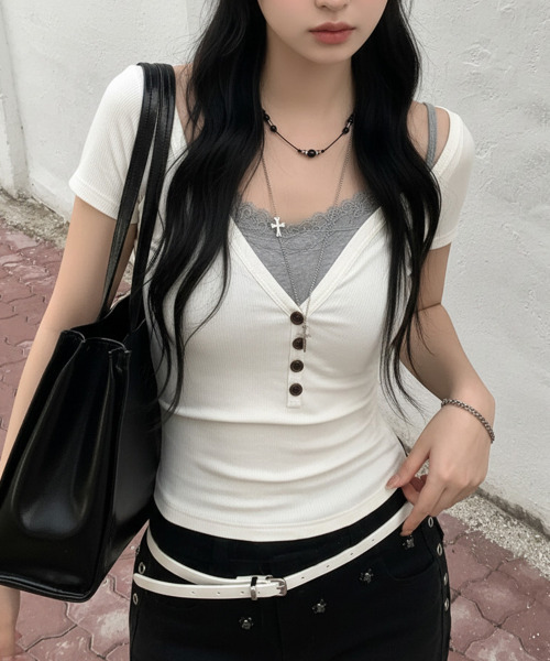 VIVID LADY(ビビッドレディー)の「ヘンリーネック リブ半袖トップス(Tシャツ/カットソー・レディース・グレー/ブルー/アイボリー・FREE)」の11枚目の写真