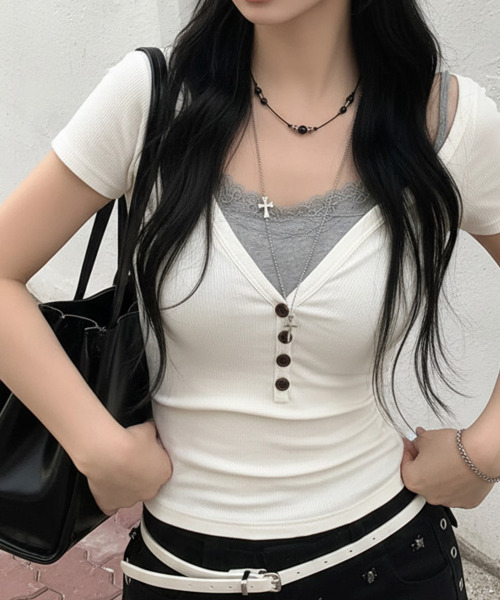 VIVID LADY(ビビッドレディー)の「ヘンリーネック リブ半袖トップス(Tシャツ/カットソー・レディース・グレー/ブルー/アイボリー・FREE)」の13枚目の写真