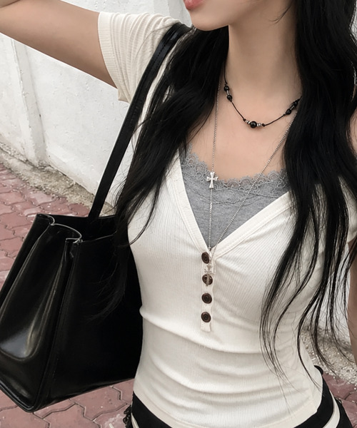 VIVID LADY(ビビッドレディー)の「ヘンリーネック リブ半袖トップス(Tシャツ/カットソー・レディース・グレー/ブルー/アイボリー・FREE)」の14枚目の写真