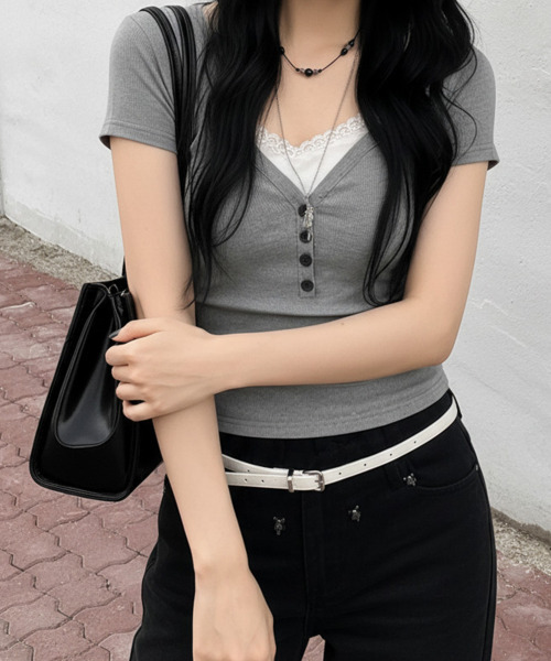 VIVID LADY(ビビッドレディー)の「ヘンリーネック リブ半袖トップス(Tシャツ/カットソー・レディース・グレー/ブルー/アイボリー・FREE)」の16枚目の写真