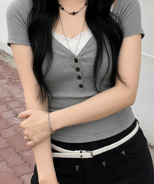 VIVID LADY(ビビッドレディー)の「ヘンリーネック リブ半袖トップス(Tシャツ/カットソー・レディース・グレー/ブルー/アイボリー・FREE)」の17枚目の写真