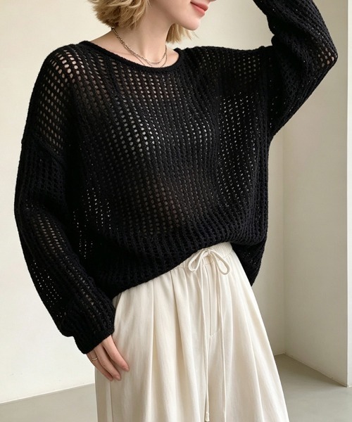 ONEP STAR（ワンピスター）の「透かし編み長袖メッシュニットトップス（ニット/セーター・レディース・ホワイト/ベージュ/ブラック・FREE）」の15枚目の写真