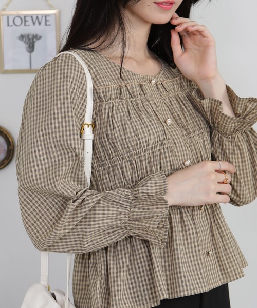 pumpkin port（パンプキンポート）の「チェック柄 シャーリングデザイン 長袖 ブラウス（シャツ/ブラウス・レディース・ブラック/ベージュ/ワインレッド・M）」の19枚目の写真