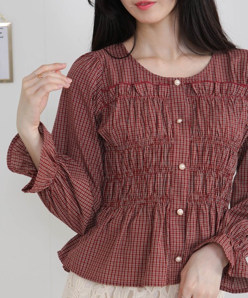 pumpkin port（パンプキンポート）の「チェック柄 シャーリングデザイン 長袖 ブラウス（シャツ/ブラウス・レディース・ブラック/ベージュ/ワインレッド・M）」の14枚目の写真