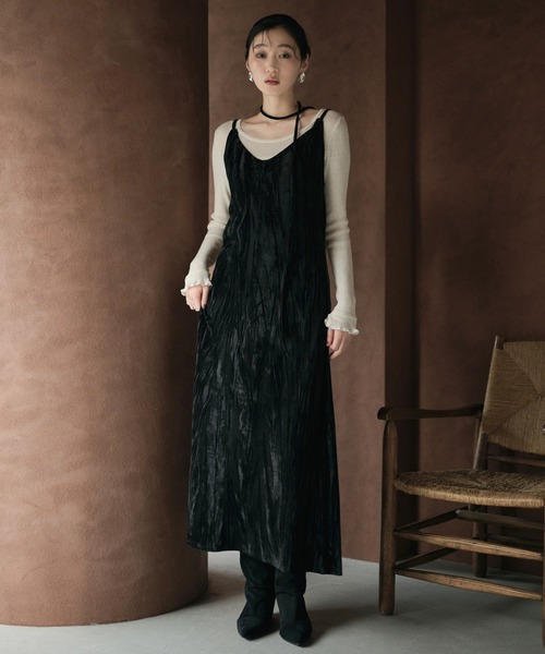velour long cord choker camisole dress /チョーカー付きベロアキャミ