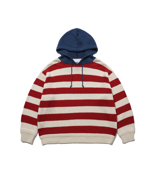 ANGLAN(アングラン)の「ストライプニットフーディー - レッド(ニット/セーター・メンズ・その他・ONE SIZE)」の1枚目の写真