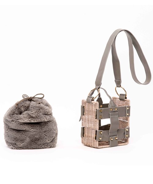 LAUGOA】ラタン＆ファースクエアショルダー Elle/0173-30003