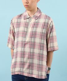 ハーフジップ 総柄 チェック 半袖シャツ