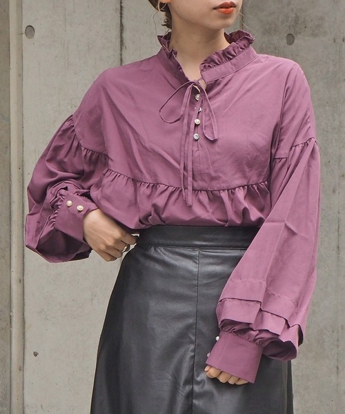 tiptop（ティップトップ）の「キラキラハイネックフレアブラウス（シャツ/ブラウス・レディース・ブラック/パープル/オフホワイト/グリーン/A/B・FREE）」の4枚目の写真