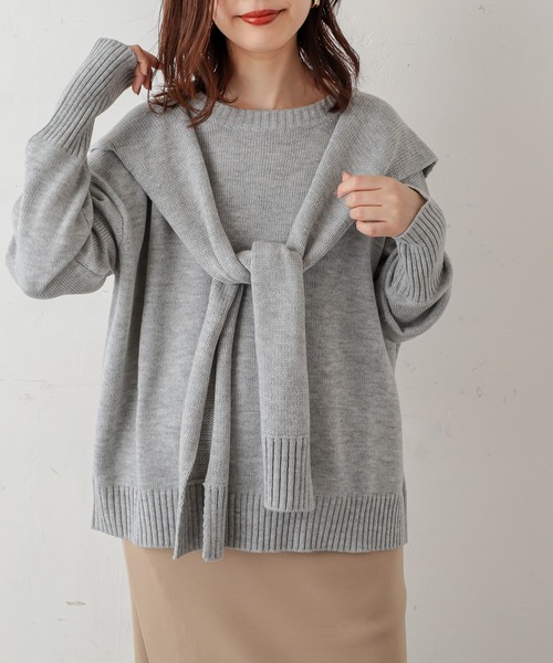 natural couture(ナチュラルクチュール)の「フロントむすびレイヤード風ニットプルオーバー(ニット/セーター・レディース・ベージュ/グレー/オフホワイト/ラベンダー・FREE)」の3枚目の写真