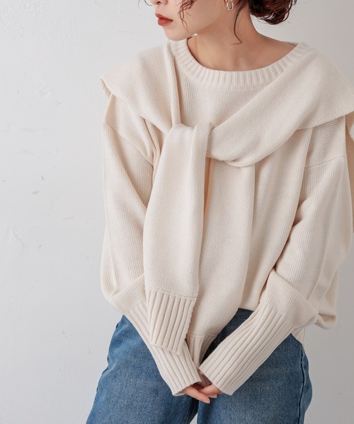 natural couture(ナチュラルクチュール)の「フロントむすびレイヤード風ニットプルオーバー(ニット/セーター・レディース・ベージュ/グレー/オフホワイト/ラベンダー・FREE)」の2枚目の写真