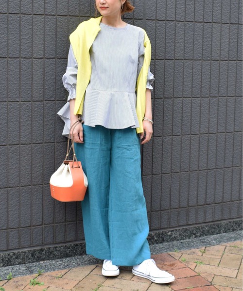 PICCIN(ピッチン)の「袖シャーリング裾フレアブラウス(シャツ/ブラウス・レディース・ブラック/ブルー/ブラック系その他/ブルー系その他・M)」の9枚目の写真