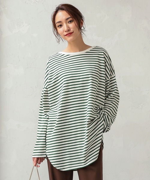 KOBE LETTUCE（コウベレタス）の「前後2wayボーダービッグシルエットロンT（Tシャツ/カットソー・レディース・ブラック×ホワイト/ホワイト×グリーン/ホワイト×ピンク/ホワイト×ブラック/ブラウン系その他/パープル系その他/イエロー系その他/ベージュ系その他/ブルー系その他・FREE）」の2枚目の写真