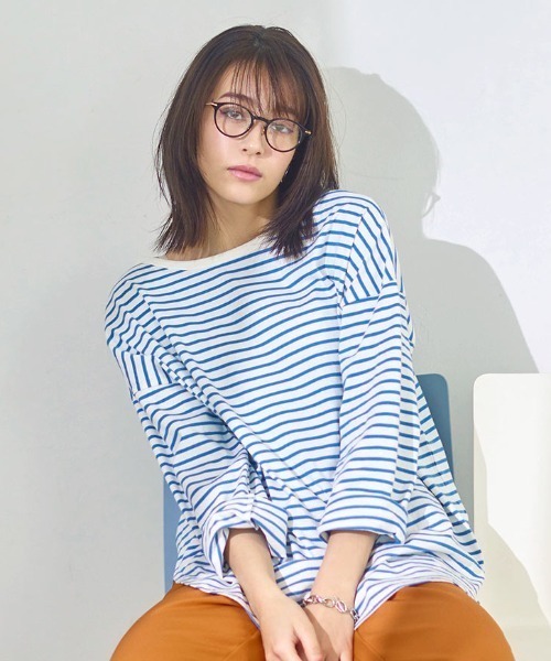 KOBE LETTUCE（コウベレタス）の「前後2wayボーダービッグシルエットロンT（Tシャツ/カットソー・レディース・ブラック×ホワイト/ホワイト×グリーン/ホワイト×ピンク/ホワイト×ブラック/ブラウン系その他/パープル系その他/イエロー系その他/ベージュ系その他/ブルー系その他・FREE）」の8枚目の写真