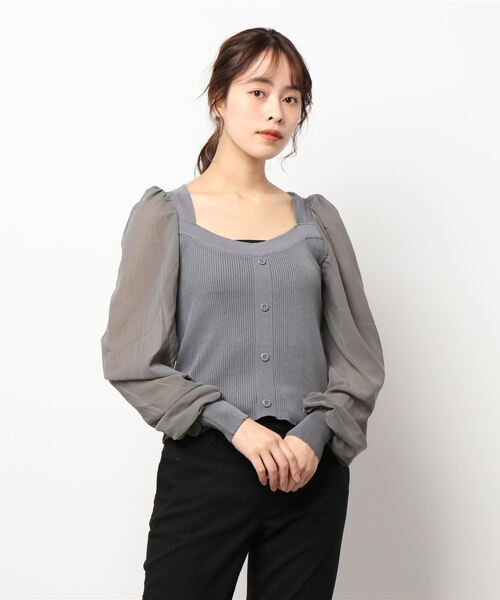 STYLEBLOCK（スタイルブロック）の「スクエアネックリブニット切替トップス（ニット/セーター・レディース・ブラック/ネイビー/ホワイト/ブラウン系その他/グレー/ベージュ系その他・FREE）」の4枚目の写真