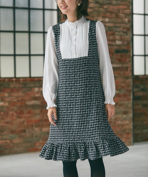 パール釦プチフリルネックツイードドッキングワンピース Tocco Tocco Closet ワンピース Luxe ワンピース Closet Tocco Closet トッコ クローゼット のファッション