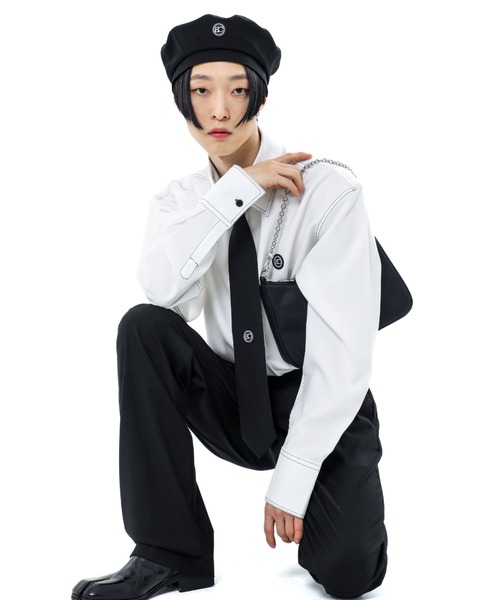 BASIC COTTON(ベーシックコットン)の「A'GEM/9 × .kom『BASIC COTTON/ベーシックコットン』ロゴステッチ ロングスリーブシャツ(シャツ/ブラウス・レディース・ホワイト/ブラック・FREE)」の2枚目の写真