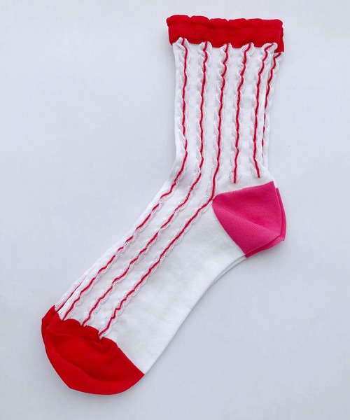 l'atelier du savon(アトリエドサボン)の「ぽこぽこストライプ くつ下(ソックス/靴下・レディース・ブラック/レッド・FREE)」の1枚目の写真