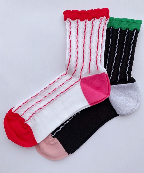 l'atelier du savon(アトリエドサボン)の「ぽこぽこストライプ くつ下(ソックス/靴下・レディース・ブラック/レッド・FREE)」の3枚目の写真