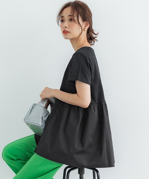 coca（coca）（コカ）の「バック布帛ドッキングトップス（Tシャツ/カットソー・レディース・ホワイト/ブラック/ベージュ・ONE SIZE）」の2枚目の写真