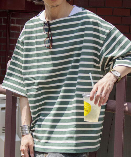 GLOSTER(グロスター)の「【GLOSTER/グロスター】フレンチビッグバスクシャツ ショートスリーブ(Tシャツ/カットソー・メンズ・グリーン/ブラック×ホワイト/ホワイト×ネイビー/ホワイト×ブルー・FREE)」の4枚目の写真