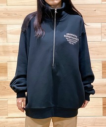 ヘビーウエイトロゴプリントオーバーサイズハーフジップスウェット ビッグシルエットトレーナー(ユニセックス)HEAVY WEIGHT LOGO ZIP STAND COLLAR BIC SWEAT