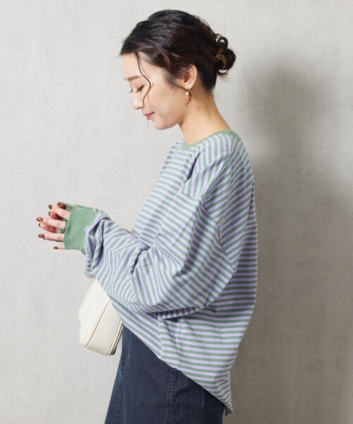 FREAK'S STORE(フリークスストア)の「【限定展開】ビックシルエットボーダーロングスリーブTシャツ(Tシャツ/カットソー・レディース・ネイビー/ブルー/ピンク/オフホワイト/チャコール/ブラック/ベージュ/イエロー/パープル・フリ-)」の7枚目の写真