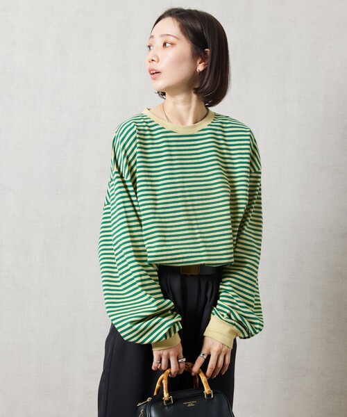 FREAK'S STORE(フリークスストア)の「【限定展開】ビックシルエットボーダーロングスリーブTシャツ(Tシャツ/カットソー・レディース・ネイビー/ブルー/ピンク/オフホワイト/チャコール/ブラック/ベージュ/イエロー/パープル・フリ-)」の8枚目の写真