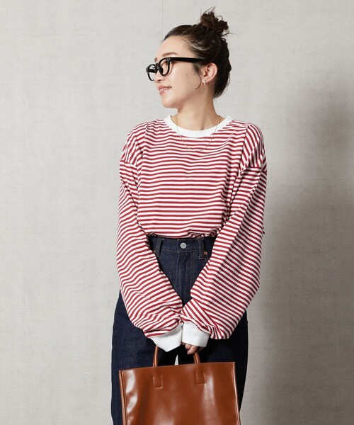 FREAK'S STORE(フリークスストア)の「【限定展開】ビックシルエットボーダーロングスリーブTシャツ(Tシャツ/カットソー・レディース・ネイビー/ブルー/ピンク/オフホワイト/チャコール/ブラック/ベージュ/イエロー/パープル・フリ-)」の12枚目の写真