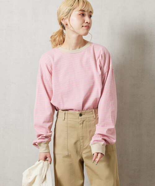 FREAK'S STORE(フリークスストア)の「【限定展開】ビックシルエットボーダーロングスリーブTシャツ(Tシャツ/カットソー・レディース・ネイビー/ブルー/ピンク/オフホワイト/チャコール/ブラック/ベージュ/イエロー/パープル・フリ-)」の20枚目の写真