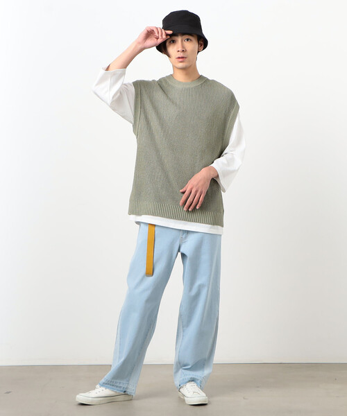 Purple&Yellow（パープルアンドイエロー）の「デニム 裾切り替え ストレートパンツ（デニムパンツ・メンズ・インディゴブルー/ライトインディゴブルー・X-SMALL/SMALL/MEDIUM/LARGE/X-LARGE）」の18枚目の写真