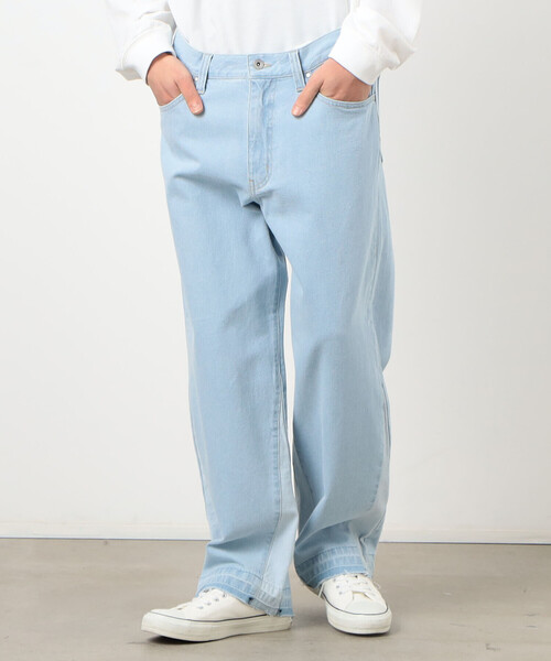 Purple&Yellow（パープルアンドイエロー）の「デニム 裾切り替え ストレートパンツ（デニムパンツ・メンズ・インディゴブルー/ライトインディゴブルー・X-SMALL/SMALL/MEDIUM/LARGE/X-LARGE）」の15枚目の写真
