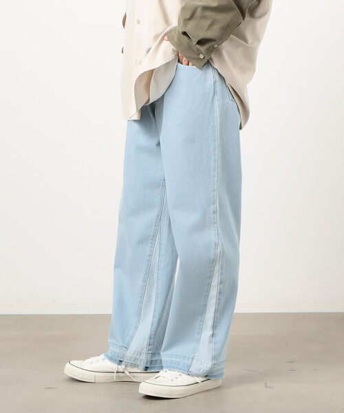 Purple&Yellow（パープルアンドイエロー）の「デニム 裾切り替え ストレートパンツ（デニムパンツ・メンズ・インディゴブルー/ライトインディゴブルー・X-SMALL/SMALL/MEDIUM/LARGE/X-LARGE）」の3枚目の写真