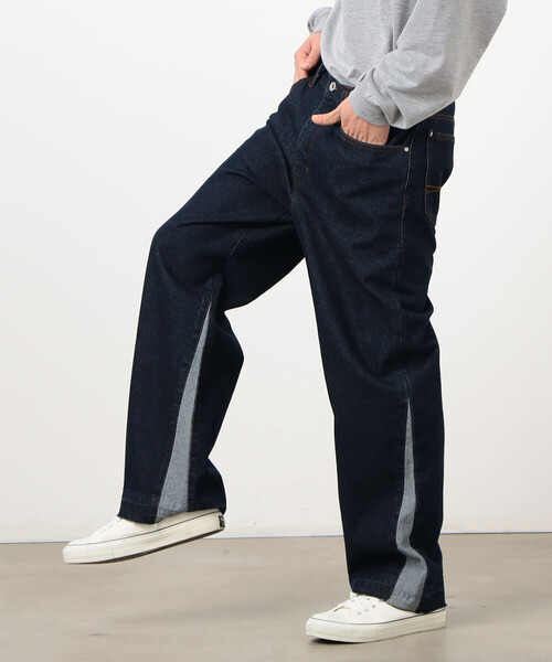 Purple&Yellow（パープルアンドイエロー）の「デニム 裾切り替え ストレートパンツ（デニムパンツ・メンズ・インディゴブルー/ライトインディゴブルー・X-SMALL/SMALL/MEDIUM/LARGE/X-LARGE）」の16枚目の写真
