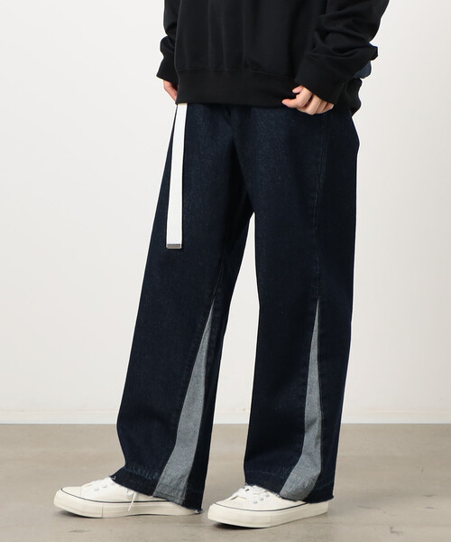 Purple&Yellow（パープルアンドイエロー）の「デニム 裾切り替え ストレートパンツ（デニムパンツ・メンズ・インディゴブルー/ライトインディゴブルー・X-SMALL/SMALL/MEDIUM/LARGE/X-LARGE）」の4枚目の写真