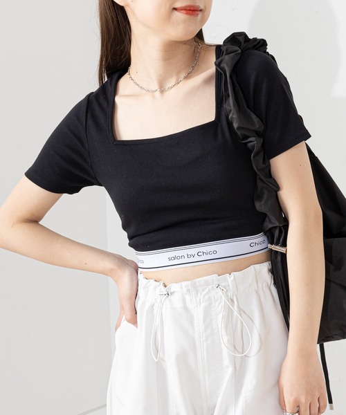 ホワイト　ブラック　ちび半袖　　カットソー セール】【2023SS】パット付胸刺繍スクエアチビT（Tシャツ