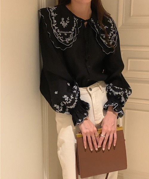 パトゥ エンブロイダリーシャツ 花柄 刺繍 ロングブラウス 丸襟　34 希少 定価8.6万✨パトゥ♡エンブロイダリーシャツ花柄刺繍ロング