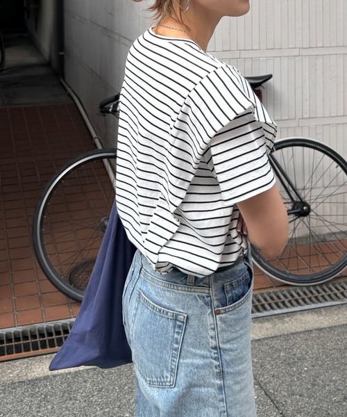 【新色＆Sサイズ登場！】ラッフルショルダーTシャツ(chiicaselect)/ラッフルスリーブフレアスリーブプルオーバーブラウス半袖無地ボーダー