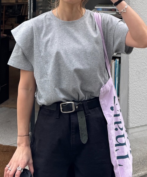 【新色＆Sサイズ登場！】ラッフルショルダーTシャツ(chiicaselect)/ラッフルスリーブフレアスリーブプルオーバーブラウス半袖無地ボーダー