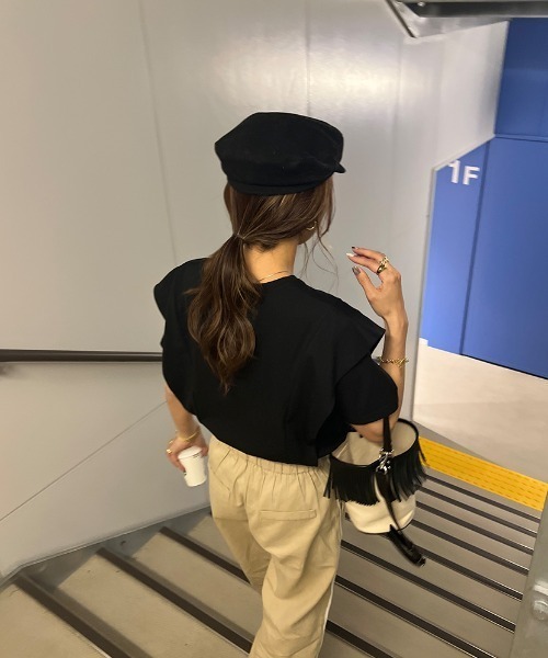 【新色＆Sサイズ登場！】ラッフルショルダーTシャツ(chiicaselect)/ラッフルスリーブフレアスリーブプルオーバーブラウス半袖無地ボーダー
