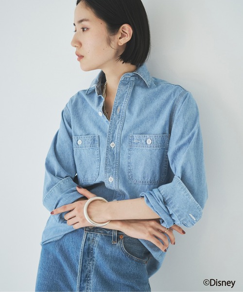 ディズニー　シャツ　ダンガリー　シャツ　ミッキー&フレンズ レディース 古着 90s USA製 Disney ミッキー プリント