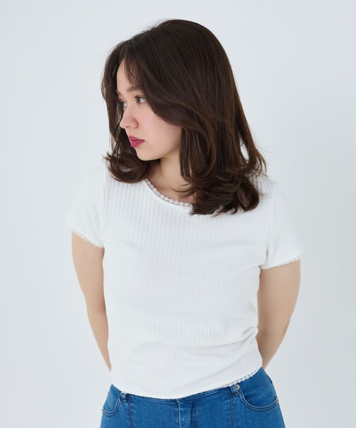 レース付き 半袖リブカットソー TINA：JOJUN（Tシャツ